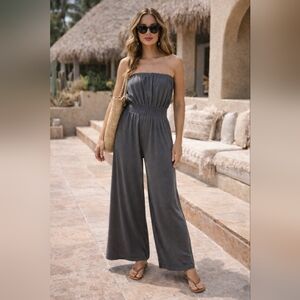 Xhilaration Strapless Wide-Leg Jumpsuit Charcoal Gray Smocked Waist Flowy Casual
